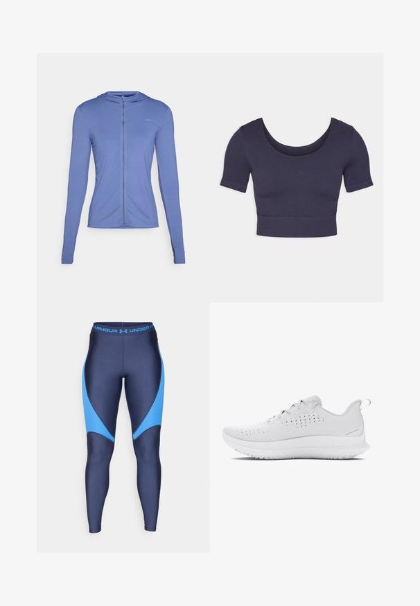 Hoodie z dolgimi rokavi in zadrgo spredaj v svetlo modri tkanini. Ima teksturiran vzorec in oprijet design s kapuco.; Mornarska kratka majica s kratkimi rokavi, izdelana iz rebraste tkanine. Ima okrogel izrez in prilegan kroj.; Temno modre legice s svetlo modrimi poudarki, izdelane iz gladkega, raztegljivega materiala. Imajo širok pas z logotipom blagovne znamke v modri barvi.; Svetlo sivi atletski čevlji z teksturiranim zgornjim delom, perforacijami za zračnost ter gumijastim podplatom z izrazitim profilom.