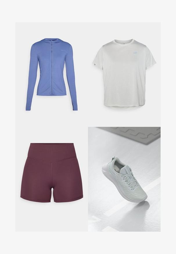 Felpa con cappuccio con zip e maniche lunghe in tessuto azzurro chiaro. Presenta un motivo testurizzato e un design aderente con cappuccio.; T-shirt atletico grigio chiaro a maniche corte con tessuto a rete testurizzato e un logo blu discreto sul davanti. Orlo arrotondato in fondo.; Shorts sportivi color malva realizzati in tessuto elasticizzato, con un alto punto vita e una texture liscia, caratterizzati da dettagli di cucitura a contrasto.; Scarpa sportiva grigia chiara con una parte superiore in rete testurizzata, design con lacci, suola imbottita e dettagli di branding minimi.