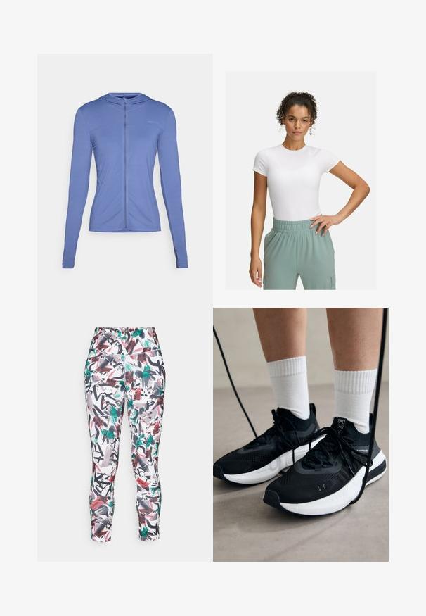 Šviesiai mėlynas ilgomis rankovėmis, užtrauktuku užsegamas džemperis. turi tekstūruotą raštą ir prigludusį siluetą su kapišonu.; Baltas prigludęs marškinėliai su trumpomis rankovėmis, derinami su šviesiai žaliomis elastingomis kelnėmis. Lygi tekstūra, minimalistinis dizainas, be akivaizdžių raštų.; Tinkamai priglundančios leginsai su spalvingu abstrakčiu raštu raudonos, žalios ir juodos spalvos ant balto pagrindo. Pagaminti iš tamprių medžiagų.; Juodi sportiniai batai su tekstūruotu audiniu, balta padu ir juodais raiščiais. Dėvimi su baltais raištiniais kojiniais, stovint lengvame paviršiuje.