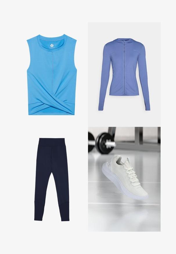 Pikendusega, lukuga ees olev helesinine kapuutsiga sviiter. Omab tekstureeritud mustrit ja sobivat disaini, millel on kapuuts.; Sinine ilma varrukateta topp pehmest materjalist, millel on keerutatud disain all, ümmargune kaelus ja lamedad õmblused mugavuse tagamiseks.; Tumesinised retuusid, mis on valmistatud venivast kangast, laia elastse vöökohtaga, kontrastsete õmblustega ja jalge alla kitseneva lõikega.; Valge sportlik tennis, millel on tekstureeritud võrkkangas ülemine osa ja nööbilukusüsteem, millel on pehme valge tall ning delikaatsed ribalised aksendid.