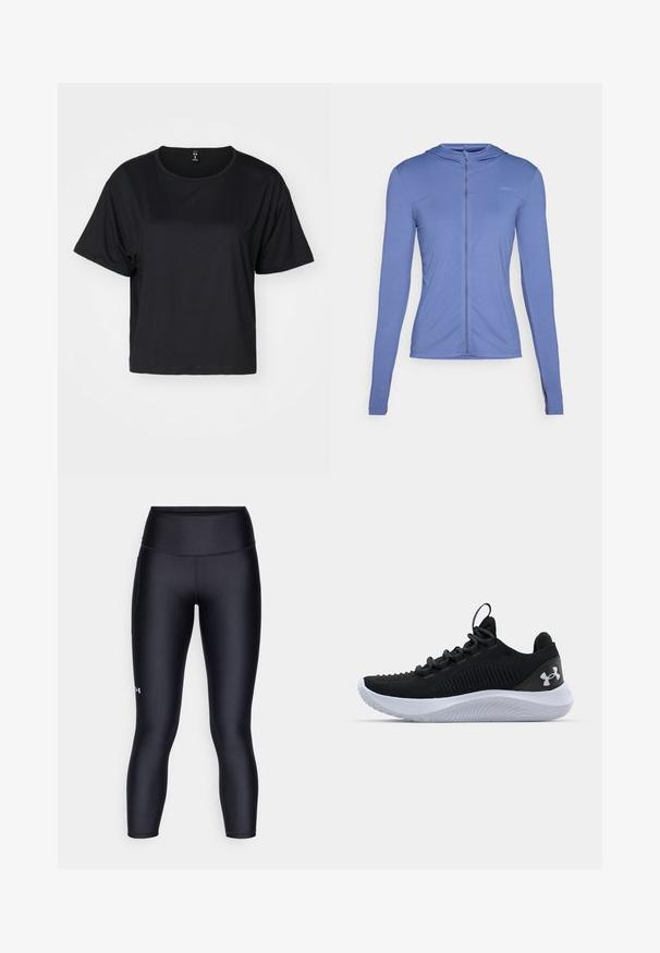 Šviesiai mėlynas ilgomis rankovėmis, užtrauktuku užsegamas džemperis. turi tekstūruotą raštą ir prigludusį siluetą su kapišonu.; Juodas trumpas rankovės crop top'as, pagamintas iš lygaus medžiagos, su apvaliu kaklu ir laisvu siluetu, su tvarkingais siūlais ir be matomų raštų.; Juodos legging'os, pagamintos iš lygaus, tampraus audinio. Aukštas juosmuo, prigludusi forma ir mažas logotipas ant kairės kojos.; Juodi sportiniai batai su kvėpuojančia tinkline viršutine dalimi, tekstūruotais akcentais ir balto gumos padu. Yra lygios raišteliai ir užkulnio kilpa.