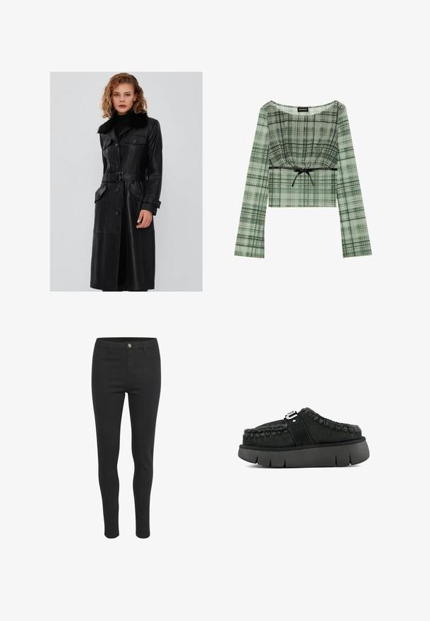 Abrigo de cuero negro con cuello de piel, cinturón en la cintura, cierre de botones y dos bolsillos frontales; presenta una textura suave y un diseño ajustado.; Top corto a cuadros verdes con mangas largas, que presenta un escote fruncido y un lazo negro a la altura de la cintura. Fabricado con una tela ligera.; Jeans negros ajustados con una textura de tela suave, que presentan un cierre de botón frontal, cinco bolsillos y un diseño ceñido.; Zapato negro de ante tipo slip-on con borde de piel de pelo, costuras trenzadas y suela gruesa negra. Presenta una correa de marca en la parte superior.