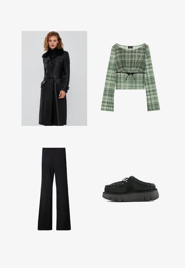 Manteau trench en cuir noir avec un col en fourrure, taille ceinte, fermeture à boutons et deux poches avant ; présente une texture lisse et un design ajusté.; Top court en carreaux verts avec des manches longues, présentant un col froncé et un accent à nouer noir à la taille. Fabriqué en tissu léger.; Pantalons noirs évasés avec une taille élastique, fabriqués à partir d'un tissu doux et extensible, présentant une texture lisse et sans motifs ni matériel visible.; Chaussure noire en daim à enfiler avec garniture en fourrure, coutures tressées et semelle épaisse noire. Présente une bande de marque sur le dessus.