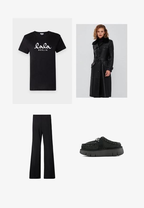 Abrigo de cuero negro con cuello de piel, cinturón en la cintura, cierre de botones y dos bolsillos frontales; presenta una textura suave y un diseño ajustado.; Camiseta de algodón negra de manga corta con el texto blanco "lala BERLIN" en una fuente cursiva en el pecho. Diseño clásico de cuello redondo.; Pantalones negros de campana con cinturilla elástica, confeccionados en una tela suave y elástica, con una textura lisa y sin patrones visibles ni detalles metálicos.; Zapato negro de ante tipo slip-on con borde de piel de pelo, costuras trenzadas y suela gruesa negra. Presenta una correa de marca en la parte superior.