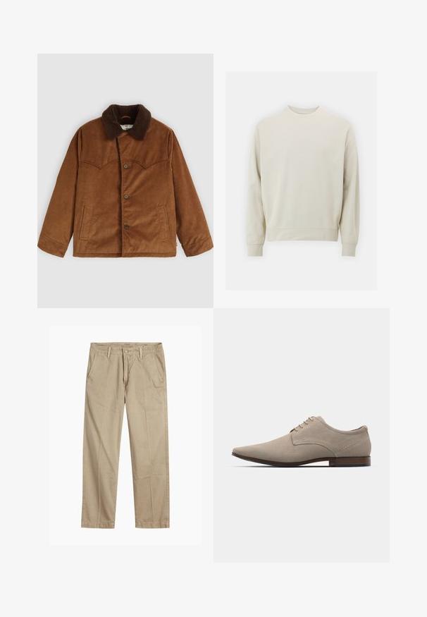 Brun kordfløyelsjakke med brun pelskrage, knappelukking, to sidelommer og karakteristisk sydd yoke-detalj på brystet.; Lys beige sweatshirt laget av myk stoff med rund hals, lange ermer og ribbestrikkede mansjetter og hem. Minimalistisk design, ingen synlige mønstre.; Beige straight-leg chinos med beltehemper, frontlukking med knapp og glidelås, og skrå frontlommer.; Beige snørebåndsko laget av myk semsket skinn, med spiss tå, minimal søm og trehæl. Glatt tekstur og enkelt design.