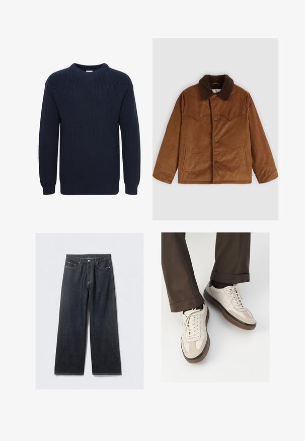 Rudas šonkaidžio audinio švarkas su rudais kailiniais apykakle, mygtukų užsegimas, dvi šoninės kišenės ir ypatingas siuvinėjimo detalės raštas krūtinėje.; Tamsiai mėlynas megztinis su apvalia apykakle, ilgomis rankovėmis ir raštuotu audiniu, turintis tiesų kraštą ir be matomų logotipų ar raštų.; Tamsiai mėlyni plačių kojų džinsai su aukštu liemeniu, su vario spalvos varžteliais ir kontrastingais siūlais, lygaus paviršiaus ir be matomų raštų.; Bežiniai sportbačiai su tekstūruotu zomšinės priekine dalimi, lygiomis odinėmis šoninėmis dalimis ir ruda guminėmis padais. Į komplektą įeina juostelės ir šviesūs siuvimo detalės.