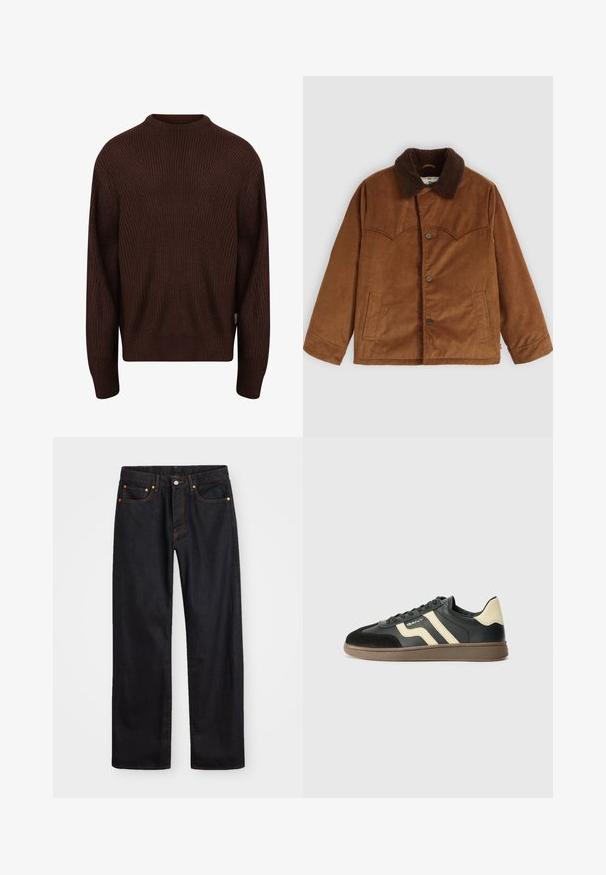 Bruine corduroyjas met een bruin bontkraag, knoopsluiting, twee zijzakken en een kenmerkend gestikt schouderdetail op de borst.; Redefined Rebel MILTON BOXY FIT - Trui - demitasse; Heren straight-leg zwarte denim jeans met vijf zakken en oranje stiksels, knoop- en ritssluiting op de voorkant van de tailleband.; Zwarte en beige sneaker met een glad leren bovenwerk, suede bij de neus, en een gestructureerde bruine rubberen zool. Heeft contrasterende strepen.