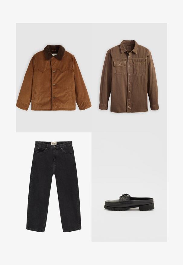 Brun kordflodjacka med brun pälskrage, knäppning fram, två sidofickor och distinkt sömnadsdetalj på bröstet.; Brun långärmad skjorta av bomull med knappslå framtill, två bröstfickor och subtila sömdetaljer. Har en klassisk krage.; Svarta jeans i denim med avslappnad passform. Har fem fickor, ett framknäppning och sömnadsdetaljer. Lätt urtvättad textur.; Svart läderslip-on sko med snördetalj, rund tå och texturerad sula. Har en något upphöjd klack och en slät finish.