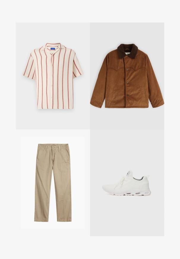 Braune Cordjacke mit braunem Pelzkragen, Knopfverschluss, zwei seitlichen Taschen und charakteristischer gestickter Passe auf der Brust.; Kurzarm-Hemd aus cremefarbenem Material mit roten vertikalen Streifen, ausgestattet mit einem abgestutzten Kragen und einer Knopfleiste vorne.; Beige gerade geschnittene Chinos mit Gürtelschlaufen, vorderem Knopf- und Reißverschlussverschluss sowie schrägen Fronttaschen.; Weiße Sportschuhe mit einem strukturierten Strickobermaterial, flachen Schnürsenkeln und einer gepolsterten Sohle mit sichtbaren Luftkammern für zusätzlichen Halt.