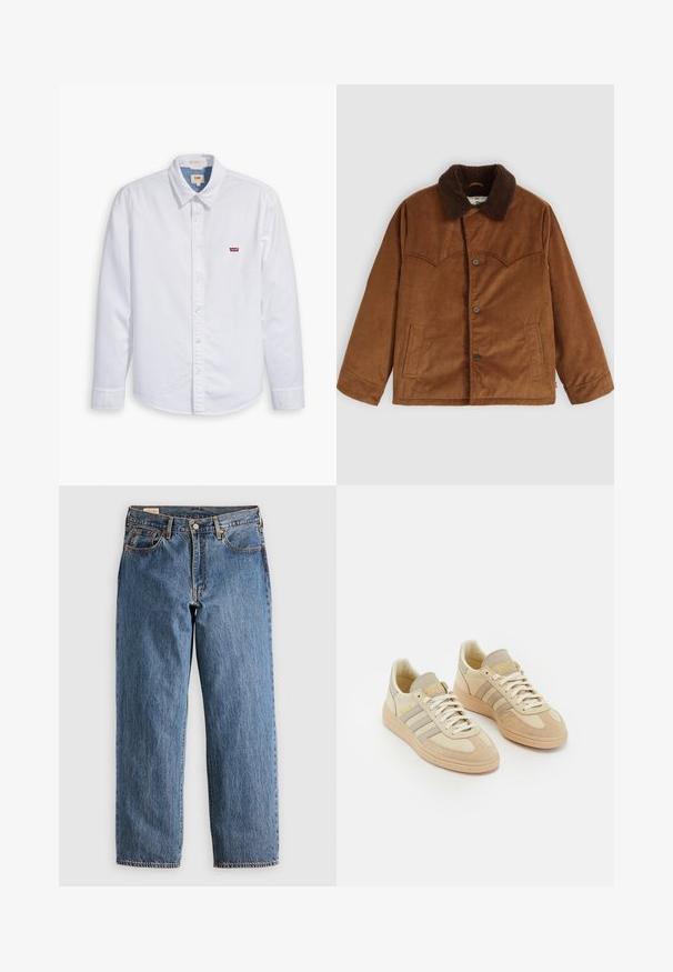 Rudas šonkaidžio audinio švarkas su rudais kailiniais apykakle, mygtukų užsegimas, dvi šoninės kišenės ir ypatingas siuvinėjimo detalės raštas krūtinėje.; Balta ilgomis rankovėmis mygtukinė marškiniai, pagaminti iš medvilnės. Yra smailas apykaklės dizainas ir mažas raudonas Levi's logotipas kairėje krūtinės pusėje. Lygus paviršius.; Mėlynos džinsinio audinio kelnės su tiesiu kirpimu, turinčios aukštą liemenį, vario kniedes ir oranžinę siuvinėjimą. Įtraukti priekiniai ir galiniai kišenės.; Šviesiai smėliniai sportbačiai, pagaminti iš zomšos ir audinio, su trimis pilkais dryžiais, tekstūriniais akcentais ir rusva guma. Šniūreliai baltos spalvos.