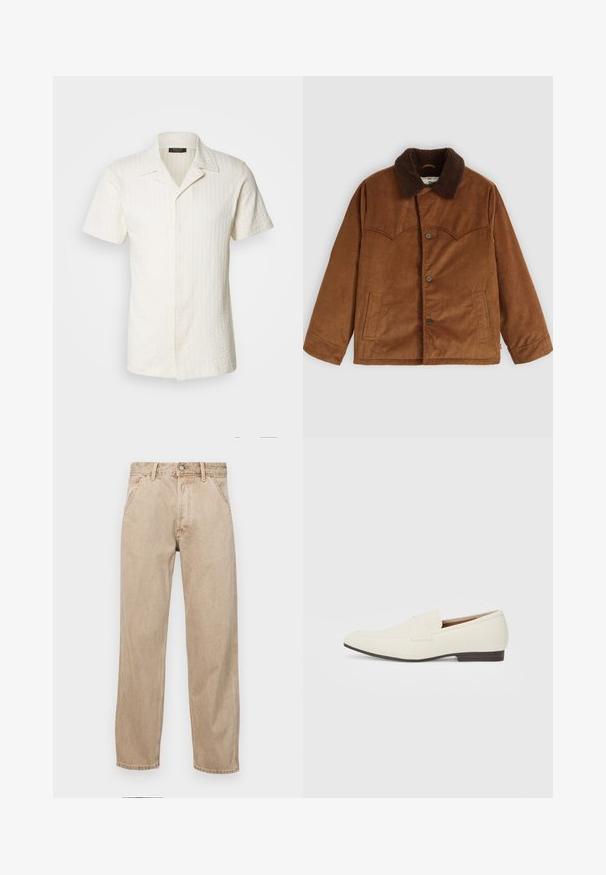 Veste en velours côtelé marron avec un col en fourrure marron, fermeture à boutons, deux poches latérales et un détail de yoke cousu distinctif sur la poitrine.; Chemise à manches courtes, col rabattu, en tissu texturé blanc cassé, présentant un motif à rayures verticales et un devant à boutons complet.; Jeans en denim beige avec une coupe droite, dotés de poches avant, d'une fermeture à bouton en métal et d'une texture subtile.; Mocassins beige clair avec un bout pointu, en matériau lisse, une sangle sur le devant et une semelle basse marron. Design simple avec des accents minimalistes.