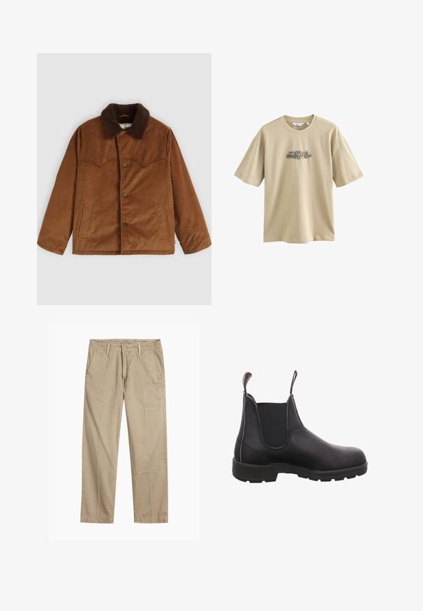 Giacca in velluto a coste marrone con colletto in pelliccia marrone, chiusura con bottoni, due tasche laterali e caratteristico dettaglio di cuciture in yoke sul petto.; T-shirt in cotone beige con stampa grafica al centro. Il design include elementi colorati e testo curvo. Maniche corte e scollatura rotonda.; Chinos beige a gamba dritta con passanti per cintura, chiusura frontale a bottone e zip, e tasche laterali inclinati.; Stivale alla caviglia in pelle nera con pannelli laterali elastici, punta rotonda e suola in gomma. Ha un inserto sul retro per facilitare l'indossamento.