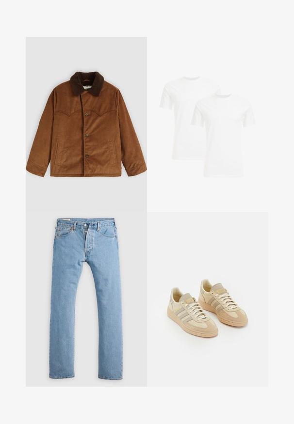 Brūns korduroja žakets ar brūnu ādas apkakli, pogu aizdari, divām sānu kabatām un izteiksmīgu izšuvumu uz krūtīm.; Divas baltas kokvilnas t-kreklus ar īsām piedurknēm un apaļu kakla izgriezumu, ar gludu tekstūru un vienkāršu dizainu, novietoti vertikālā kārtībā.; Gaiši zili taisna piegriezuma džinsi ar poga aizdari, jostas cilpām un priekšējiem un aizmugurējiem kabatām, izlikti uz baltas fona.; Gai beige sporta apavi ar zamšādu un auduma materiāliem, ar trim pelēkām svītrām, teksturētiem akcentiem un brūnu gumijas zoli. Šņores ir baltas.