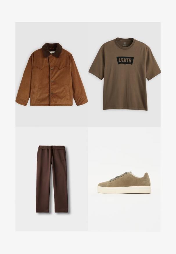 Hnedá manžestrová bunda s hnedým kožušinovým golierom, zapínanie na gombíky, dve postranné vrecká a charakteristický prešitý diel na hrudi.; Hnedé bavlnené tričko s čiernym logom Levi's v klasickom zakrivenom tvare na prednej strane, s krátkymi rukávmi a okrúhlym výstrihom.; Hnedé tepláky vyrobené z mäkkej látky, s elastickým pásom, šnúrkou na stiahnutie a bočnými vreckami. Jednoduchý, rovný strih.; Olivovo zelené semišové tenisky s hladkým povrchom, obsahujúce bielu gumenú podrážku, jemné švy a šedé šnúrky. Zaoblený tvar špičky.