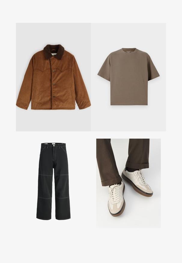 Brown corduroy jacket with a brown fur collar, button closure, two side pockets, and distinctive stitched yoke detail on the chest.; Brown, short-sleeve t-shirt made of soft fabric with a round neckline. Features a relaxed fit and simple hem detailing.; Black wide-leg trousers made of durable fabric, featuring contrasting white stitching, two front pockets, and a single-button waistband closure.; Beige sneakers with a textured suede front, smooth leather sides, and a brown rubber sole. Laces and light stitching detail included.