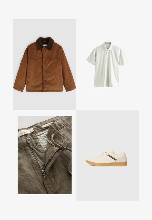 Giacca in velluto a coste marrone con colletto in pelliccia marrone, chiusura con bottoni, due tasche laterali e caratteristico dettaglio di cuciture in yoke sul petto.; Polo a maniche corte in beige chiaro con motivo geometrico, patta dei bottoni e colletto classico. Tessuto morbido con una fine trama.; Pantaloni in lino marroni con zip frontale, chiusura con bottone e fodera interna a righe. Include dettagli di cucitura e etichette.; Sneaker di colore crema con tomaia texturizzata, striscia di accentuazione marrone e suola in gomma beige, caratterizzato da un profilo basso e un design con lacci.