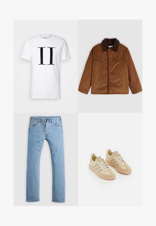 Rudas šonkaidžio audinio švarkas su rudais kailiniais apykakle, mygtukų užsegimas, dvi šoninės kišenės ir ypatingas siuvinėjimo detalės raštas krūtinėje.; Balta medvilninė marškinėliai su ryškiu juodu „II“ spaudu centre. Klasikinis apvalus kaklas ir trumpomis rankovėmis. Glotnus paviršius, laisvas siluetas.; Šviesiai mėlynos tiesios kojos džinsinės kelnės su segtuku, diržo kilpomis, taip pat priekinėmis ir užpakalinėmis kišenėmis, pateiktos ant balto fono.; Šviesiai smėliniai sportbačiai, pagaminti iš zomšos ir audinio, su trimis pilkais dryžiais, tekstūriniais akcentais ir rusva guma. Šniūreliai baltos spalvos.