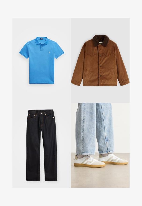 Rjava kordna jakna z rjavim krznom, z gumbom za zapiranje, dvema stranskima žepoma in značilnim šivanim detajlom na prsih.; Modra polo majica iz bombaža z rebrastim ovratnikom in dvema gumboma. Ima majhen beli logotip na levi prsni strani. Kratki rokavi.; Moške črne kavbojke ravnega kroja z petimi žepi in oranžnim šivanjem, z gumbom in zadrgo na sprednjem pasu.; Bele teniske z bež vazenimi akcenti in svetlim gumijastim podplatom; imajo nizko zasnovo in teksturirane detajle na zgornjem delu.