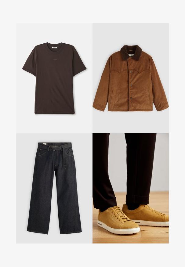 Smešasti smeđi žaketić s smešastim krznenim ovratnikom, zatvaranjem s gumbima, dva bočna džepa i karakterističnim prošivenim jarmom na prsima.; Tamno smeđi kratki rukav T-maica s okruglim izrezom s logotipom "SANDRO" u središtu prsnog dijela i oznakom unutar izreza.; Tamne tamnoplavih širokih hlača s pojasom u struku, s prednjim džepovima i kontrastnim šavovima. Glatka tekstura s jednostavnim dizajnom.; Žute rebraste tenisice s bijelim potplatima, s okruglim vrhom, vezanim dizajnom i teksturiranom površinom, nosene s crnim hlačama s rubovima na drvenom podu.