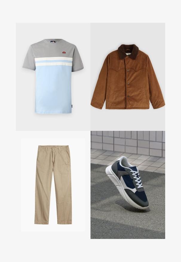 Brown corduroy jacket with a brown fur collar, button closure, two side pockets, and distinctive stitched yoke detail on the chest.; Short-sleeve t-shirt in grey and light blue, featuring horizontal white stripes and a small logo on the chest. Cotton material, casual design.; Beige straight-leg chinos with belt loops, front button and zipper closure, and slant front pockets.; Sneaker featuring a navy blue mesh upper, gray suede accents, white rubber sole, and flat white laces, designed for comfort and breathability.