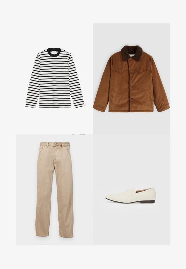 Brun kordfløyelsjakke med brun pelskrage, knappelukking, to sidelommer og karakteristisk sydd yoke-detalj på brystet.; Langermet skjorte i svart og hvite striper. Ribbede rundhals og mansjetter. Mykt stoff med konsekvent horisontal mønster. Klassisk passform.; Beige denimjeans med rett ben design, med frontlommer, metallknapplukking og subtil tekstur.; Lyse beige loafers med spiss tå, glatt materiale, en stropp over vampsen, og en lav brun såle. Enkel design med minimale detaljer.