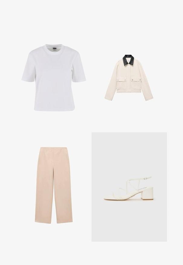 Jachetă scurtă din bumbac alb-crem, cu un guler din piele neagră, două buzunare frontale și închideri prin capse. Textură netedă, design minimalist.; Tricou alb cu mânecă scurtă, fabricat din bumbac, având guler rotund, croială relaxată și o textură netedă cu detalii de cusătură minime.; Pantaloni largi bej, confecționați dintr-un material neted, cu un față plată, bucle pentru curea și fără modele sau accesorii vizibile.; Sandalele albe cu toc au curele subțiri și vârf pătrat. Tocul bloc este jos, iar finisajul general este neted, cu detalii minime.