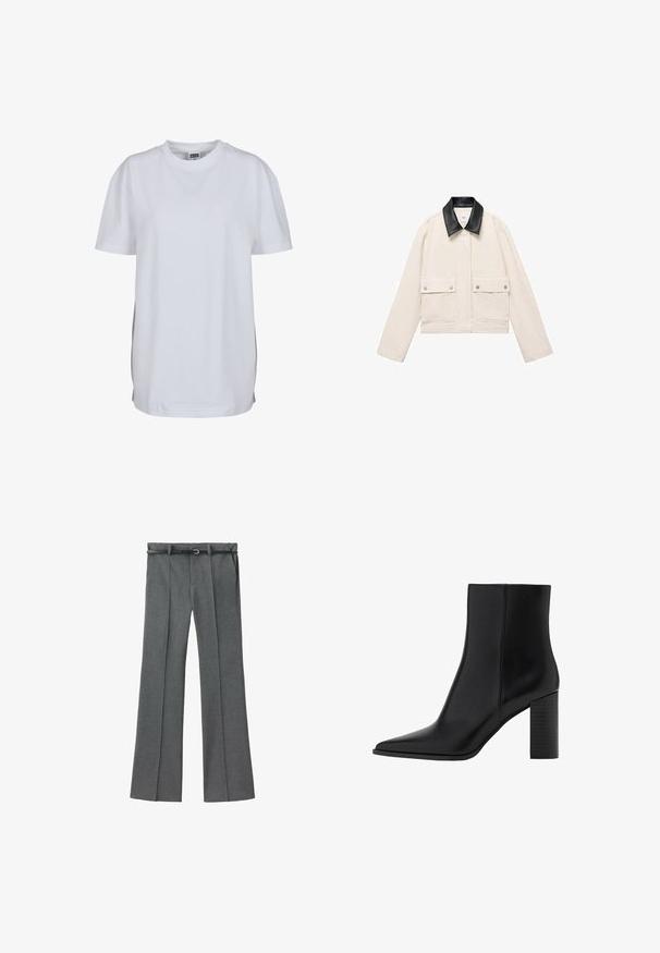 Korte jas van off-white katoen, voorzien van een zwarte leren kraag, twee voorkeurszakken en drukknopen. Gladde textuur, minimalistisch ontwerp.; Witte korte mouwen t-shirt gemaakt van katoen, met een ronde hals en een ontspannen pasvorm, zonder zichtbare patronen of graphics.; Grijze op maat gemaakte broek met een recht model, lichtgewicht stof, riemlussen en een smalle riem met een zilveren gesp.; Zwarte leren enkellaars met een spitse neus, vierkante hak, een gladde textuur en stikdetails langs de naden. De hakken zijn ongeveer 8,9 cm hoog.