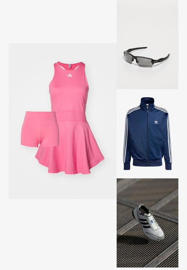 Tume sinine Adidas spordijakk, mis on valmistatud siledast kangast, kõrge kaelusega, täispikk zip-sulguriga ja igal varrukal on kolm valget triipu.; Hele roosa sportkleit, millel on laienev seelikuosa ja sobivad roosad lühikesed püksid all. Valmistatud siledast, venivast kangast ja millel on ümmargune kaelus.; Kerge jooksujalats, millel on valge võrkpealne, kolm musta triipu, hallid aktsendid ja tekstureeritud talla parem haardevõime.; Mustad must sportlikud prillid hallide läätsedega, kõverate raamide kujundus ja logodetail küljel. Valmistatud kergest plastmaterjalist.