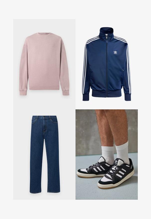 Temno modra Adidas jakna za trening iz gladkega materiala, s visokim ovratnikom, polnim zadrgo in tremi belimi črtami na vsaki rokavi.; Svetlo roza majica s klasičnim okroglim izrezom, rebrastimi manšetami in robom. Narejena iz mehkega, teksturiranega materiala. Preprost dizajn brez vzorcev.; Temno modri jeans ravne krojenje z naprsnimi žepi in gumbom za zapiranje, prikazani na enostavni beli podlagi.; Črno-bele superge z zgornjim delom iz usnja in nubuka, ki imajo tri bele črte, perforiran vrh prstov in podplat iz gume.