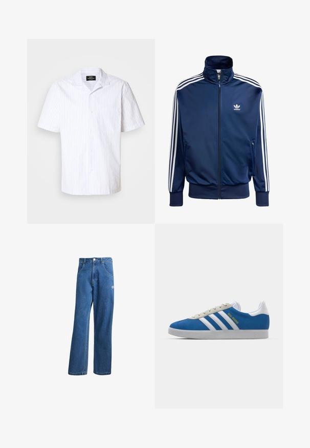 Námornícky modrá adidas športová bunda vyrobená z hladkej látky, s vysokým golierom, celoplošným zipsom a tromi bielymi pruhmi na každom rukáve.; Krátky rukáv košele v bielej farbe s svetlomodrými vertikálnymi pruhmi, so špicatým golierom a jedným vreckom na hrudi.; Modré riflové nohavice s vysokým pásom a širokým strihom, s prednými vreckami, pútkami na opasok, zapínaním na gombík a malým logom Adidas na pravej stehne.; adidas Originals ADIDAS GAZELLE SHOES - Halové kopačky - real madrid/bluebird/footwear white/crew yellow