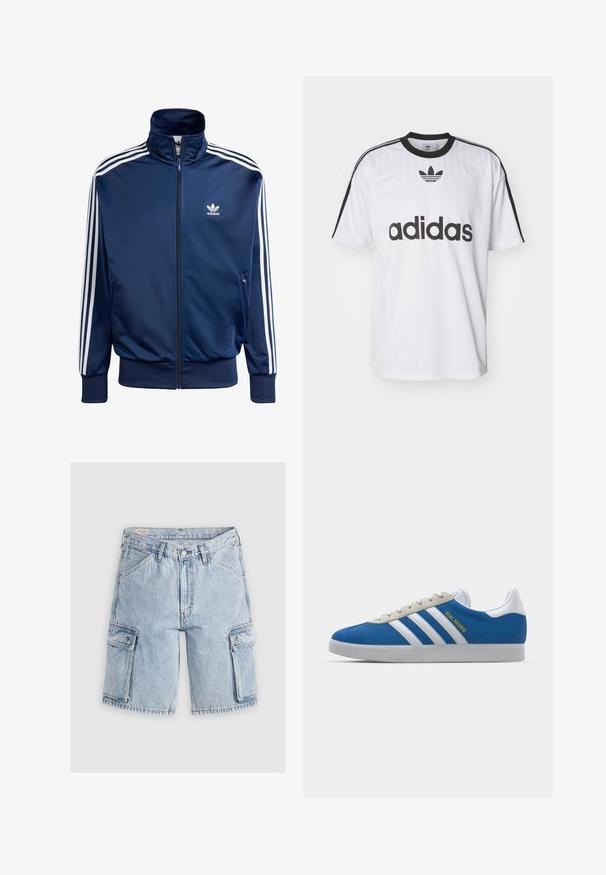 Navy blue Adidas track jacket made of smooth fabric, featuring a high collar, full zipper, and three white stripes on each sleeve.; White Adidas t-shirt featuring black accents, a round neck, and a large black logo on the front. Short sleeves with black stripes. Textured fabric.; Light blue denim cargo shorts with a relaxed fit, featuring two side pockets and stitched detailing along the seams.; adidas Originals ADIDAS GAZELLE SHOES - Indoor football boots - real madrid/bluebird/footwear white/crew yellow