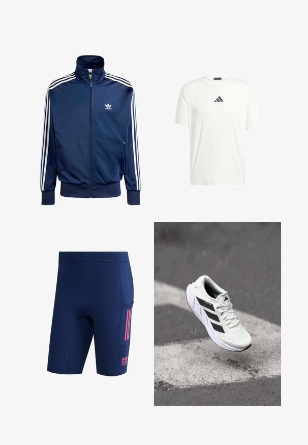 Navy blue Adidasin juoksutakki, joka on valmistettu sileästä kankaasta. Takissa on korkea kaulus, täysipitkä vetoketju ja kolme valkoista raitaa jokaisessa hihassa.; Valkoinen lyhythihainen t-paita, joka on valmistettu kevyestä kankaasta, pyöreällä kaula-aukolla ja tummanharmaalla logolla rinnassa. Sileä rakenne, rento istuvuus.; Navy blue urheilushortsit, joissa on sivutasku, vaaleanpunaiset raidat ja "BMW Berliinin maraton" -teksti taskualueella.; Valkoinen urheilujalkine, jossa on teksturoitu verkkomateriaali, mustat raidat, nauhakiinnitys ja pehmustettu pohja, leijuu merkittyjen tienpintojen yllä.