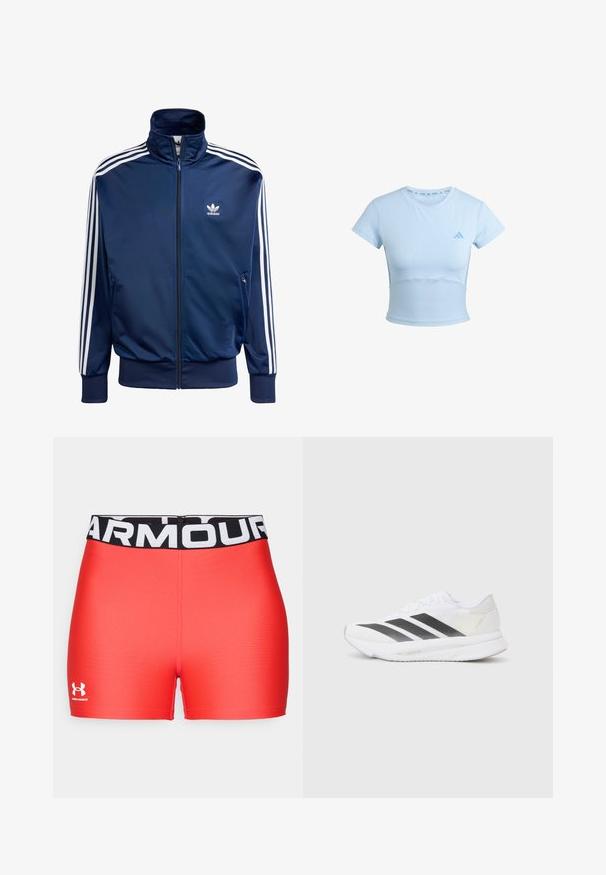 Navy blue Adidas track jacket made of smooth fabric, featuring a high collar, full zipper, and three white stripes on each sleeve.; Light blue cropped athletic t-shirt with short sleeves, ribbed lower section, and subtle logo on the chest. Smooth texture, fitted design.; Red athletic shorts with a black waistband printed with "ARMOUR." Smooth texture with an embroidered logo in white on the lower left.; White athletic shoe with black diagonal stripes, mesh upper, rounded toe, and textured sole. Accents include a silver heel and minimalistic design.