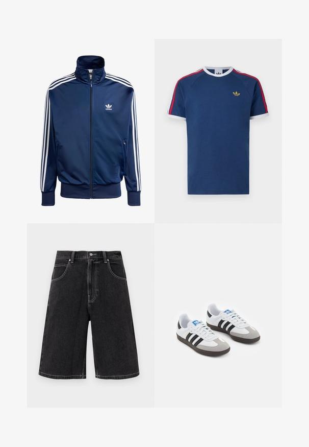 Navy blue Adidasin juoksutakki, joka on valmistettu sileästä kankaasta. Takissa on korkea kaulus, täysipitkä vetoketju ja kolme valkoista raitaa jokaisessa hihassa.; Laivastonsininen t-paita, joka on valmistettu pehmeästä puuvillasta. Siinä on valkoiset ja punaiset raidat hihoissa, pyöreä kaula-aukko ja pieni kultainen logo rinnassa.; Mustat farkkushortsit rentoa mallia, joissa on viisi taskua, kontrastiväriset tikkaus ja napitus vyötäröllä.; Urheilukengät, joissa on valkoinen nahkainen päällinen, harmaa mokkanokka ja kolme mustaa raitaa. Ominaisuuksina sininen logo kielekkeessä ja kuvioitu kumipohja.