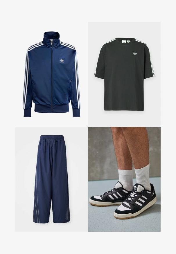 Tamno plava Adidas trenirka od glatke tkanine, s visokim ovratnikom, punim patentnim zatvaračem i tri bijele pruge na svakoj rukavu.; Crna pamučna majica kratkih rukava, s okruglim izrezom i bijelim detaljima u obliku triju pruga na ramenima. Na prsima se nalazi mali bijeli logotip.; Pantalone tamnoplave boje, širokog kroja s elastičnom waistband i bočnim prugama svjetlije nijanse. Izrađeni od glatkog, laganog materijala.; Crne i bijele tenisice s gornjim dijelom od antilopa i kože, s tri bijele pruge, perforiranim prstom i gumiranim potplatom.