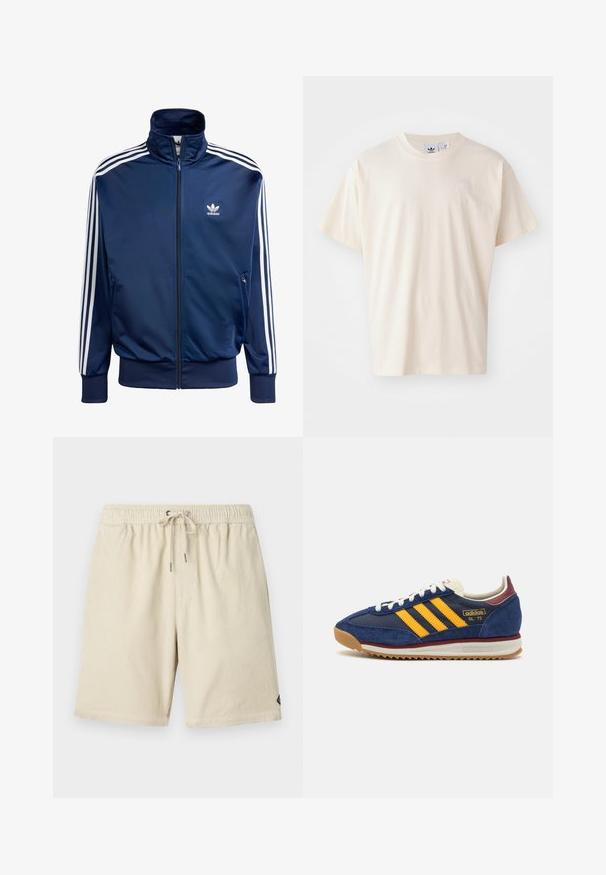 Marineblauwe Adidas trainingsjack van gladde stof, met een hoge kraag, volledige rits en drie witte strepen op elke mouw.; Crème katoenen t-shirt met een ronde halslijn en korte mouwen; heeft een klein, lichtgekleurde logo op de borst.; Beige corduroy shorts met een elastische tailleband en trekkoord, met een subtiele verticale ribbelstructuur en een klein label aan de zijkant.; Marine blauwe suède sneaker met gele strepen, witte veters en bordeauxrode accenten. Textuurzool met groeven voor grip. Merksymbool aan de zijkant.