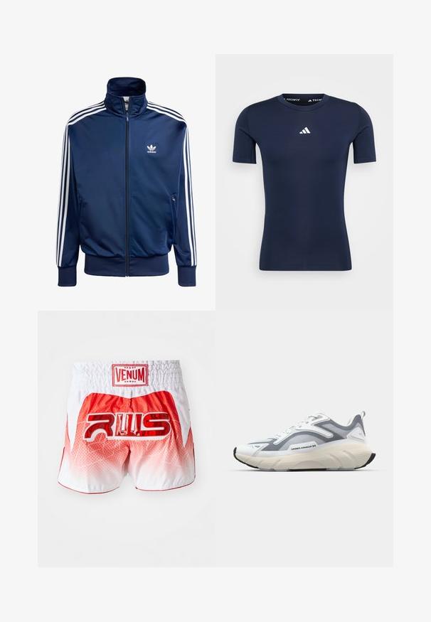 Casaco de treino Adidas azul-marinho feito de tecido suave, com gola alta, fecho de correr completo e três riscas brancas em cada manga.; adidas Performance TEE - T-shirt desportiva - legend ink; Calções de Muay Thai em gradiente vermelho e branco, com etiqueta vermelha "VENUM" na cintura e grande logotipo brilhante vermelho "RWS" no centro das costas.; Sapatilha atlética branca e cinza com parte superior sintética, entressola grossa e sola de borracha. Apresenta um padrão texturizado e sistema de atacadores.
