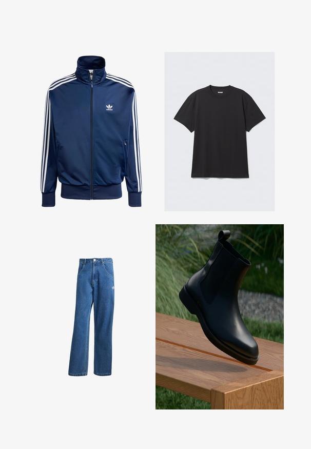 Tume sinine Adidas spordijakk, mis on valmistatud siledast kangast, kõrge kaelusega, täispikk zip-sulguriga ja igal varrukal on kolm valget triipu.; Must sõnumit särk lühikeste varrukate ja puuvillase kangaga. Omab ümarat kaelust ja lõdva istuvust. Lihtne disain, ilma mustrite või aktsentideta.; Sinine kõrge vöökohaga avar jakkidega teksapükse, millel on ees taskud, vöökoharingid, nupuga sulgemine ja väike Adidas'i logo paremal reiel.; Mustad mustad ankle saapad sileda pinnaga, elastsete külgpaneelidega ja sangaauguga varrel, asetatud puidust pinnale.