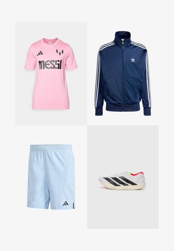 Námořnická modrá tréninková bunda Adidas, vyrobená z hladkého materiálu, s vysokým límcem, plným zipem a třemi bílými pruhy na každém rukávu.; Růžové bavlněné tričko s černým potiskem "MESSI", logem adidas a jedinečnými designovými detaily na ramenou. Krátké rukávy.; Světle modré sportovní šortky vyrobené z lehkého materiálu. Mají elastický pas a černé logo Adidas na dolní levé straně.; Bílé běžecké boty s černými pruhy, neonově zelenými akcenty a červenou patou. Mají lehký design a texturovanou podrážku pro lepší přilnavost.