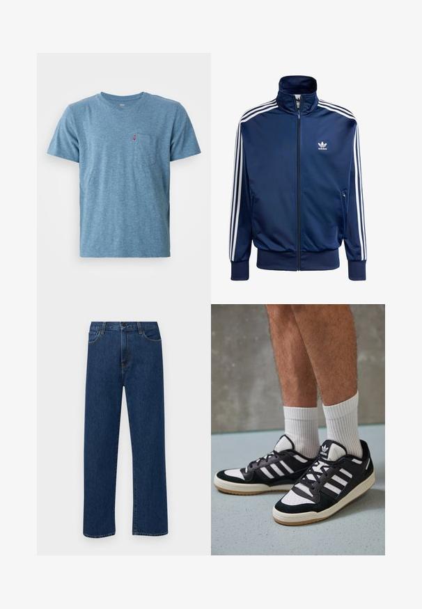Casaco de treino Adidas azul-marinho feito de tecido suave, com gola alta, fecho de correr completo e três riscas brancas em cada manga.; T-shirt azul de mangas curtas feito de um tecido macio e mesclado, com um decote redondo e um bolso no peito; apresenta um pequeno logotipo vermelho no bolso.; Jeans de denim azul escuro, de perna reta, com bolsos frontais e fecho de botão, exibidos sobre um fundo branco liso.; Ténis em preto e branco com upper em camurça e couro, apresentando três riscas brancas, um toe perfurado e uma sola em borracha de goma.