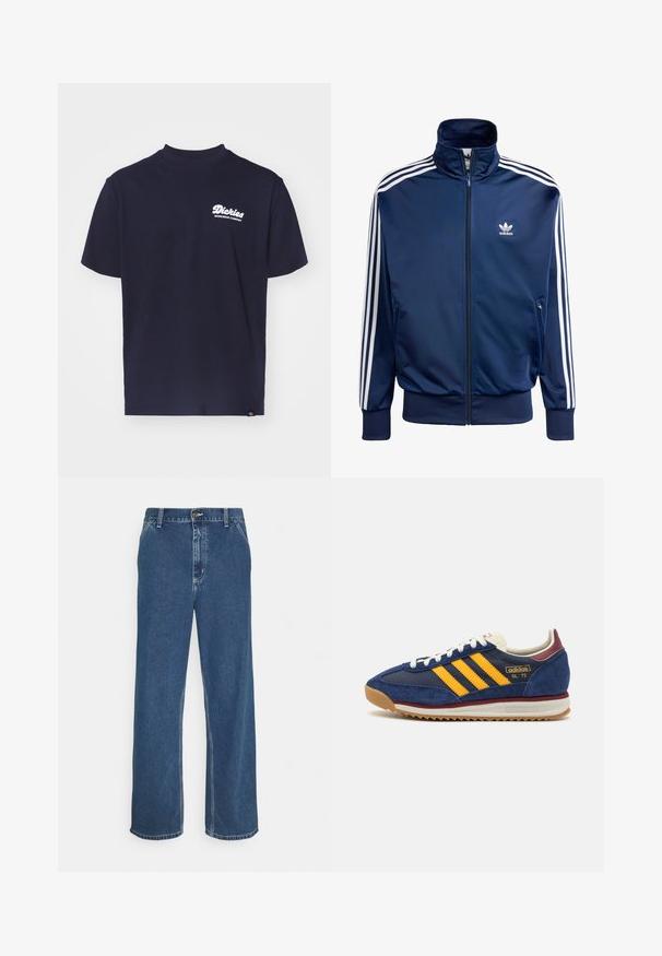 Navy blå Adidas treningsjakke laget av glatt stoff, med høy krage, hel glidelås og tre hvite striper på hver erme.; Marineblå bomullscrew-neck t-skjorte med en hvit "Dickies Workwear Company" logo på venstre bryst, med korte ermer og en avslappet passform.; Blå denimjeans med rett snitt, fem-lomme design, metallknapp-lukking og synlig søm langs sømmer og kant.; Marineblå suede sneakers med gule striper, hvite lisser og burgunder detaljer. Teksturert såle med spor for grep. Merkevarenlogo på siden.