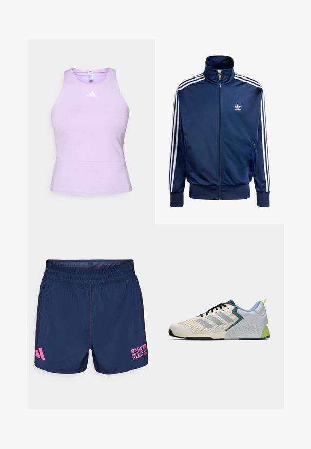 Casaco de treino Adidas azul-marinho feito de tecido suave, com gola alta, fecho de correr completo e três riscas brancas em cada manga.; Top atlético lilás feito de tecido suave com um design justo, apresentando um decote redondo e um logo branco da Adidas no peito.; adidas Performance BER25 OTR SHORTS - Calções desportivos - collegiate navy; Sapatilhas leves para atletismo com um upper em malha creme, riscas cinzentas, um detalhe em verde e um contraforte em azul texturizado. Cordões pretos.
