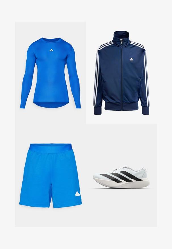 Dunkelblaues Adidas-Track-Jacke aus glattem Material, mit hohem Kragen, durchgehendem Reißverschluss und drei weißen Streifen an jedem Ärmel.; Langarm-Sportshirt in einfarbigem Blau, aus dehnbarem Stoff. Mit Rundhalsausschnitt und kleinem weißen Logo auf der Brust.; adidas Sportswear HOUSE OF TIRO NATIONS PACK - Kurze Sporthose - blue/green/white/red; Leichte Laufschuhe in hellblau mit schwarzen Streifen. Sie verfügen über ein glattes Obermaterial, eine runde Zehenpartie und eine dicke weiße Zwischensohle, die mit "LIGHTSTRIKE PRO" beschriftet ist.