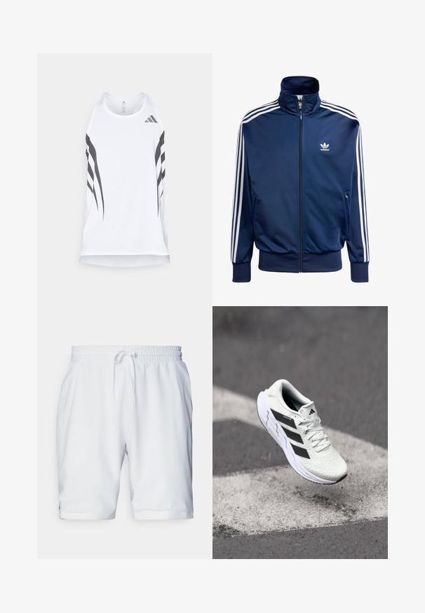 Dunkelblaues Adidas-Track-Jacke aus glattem Material, mit hohem Kragen, durchgehendem Reißverschluss und drei weißen Streifen an jedem Ärmel.; Weißes sportliches Tanktop mit Mesh-Textur, ausgestattet mit schwarzen diagonalen Streifen und einem Adidas-Logo in der Nähe des Ausschnitts. Racerback-Design.; Weiße Sportshorts mit elastischem Bund und verstellbarem Kordelzug. Glatter Stoff mit subtiler Textur, ausgestattet mit Seitentaschen.; Weiße Sportschuh mit strukturiertem Mesh-Obermaterial, schwarzen Streifen, Schnürverschluss und gepolstertem Sohlen, schwebt über einer markierten Straßenoberfläche.