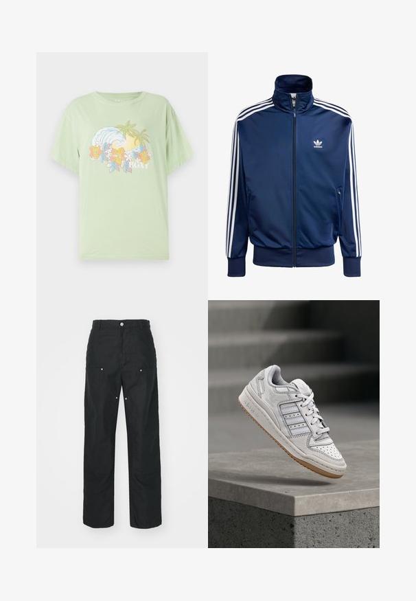 Dunkelblaues Adidas-Track-Jacke aus glattem Material, mit hohem Kragen, durchgehendem Reißverschluss und drei weißen Streifen an jedem Ärmel.; Hellgrünes T-Shirt mit kurzen Ärmeln, bedruckt mit einer Wellen- und Blumengrafik, auf der der Markenname "ROXY" in Weiß zu sehen ist. Aus weichem Baumwollmaterial.; Schwarze Hose mit geradem Bein, aus einem strukturierten Stoff. Verfügt über dekorative silberne Hardware und einzigartige Nahtdetails.; adidas Originals FORUM LOW CL UNISEX - Sneaker low - chalk white/cloud white/footwear white