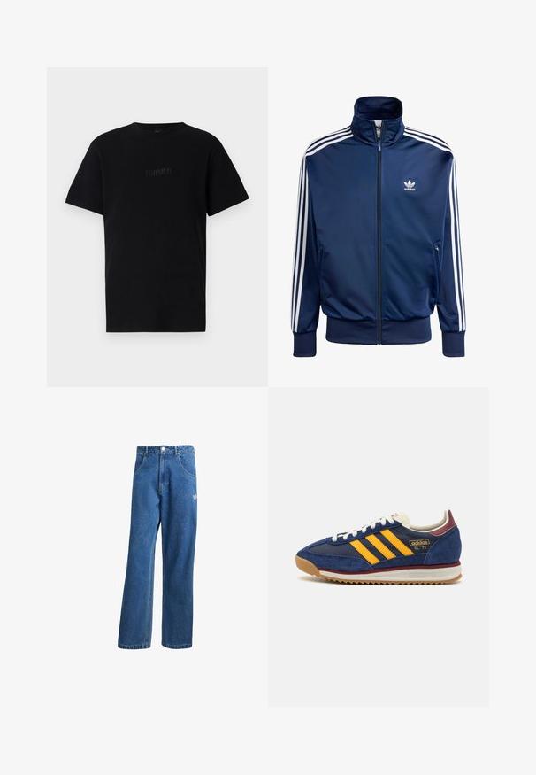 Giacca da allenamento Adidas blu navy realizzata in tessuto morbido, con colletto alto, zip completa e tre strisce bianche su ciascun maniche.; T-shirt nera in cotone con maniche corte, texture a coste, colletto a girocollo e logo ricamato "FORMER" sul davanti.; Jeans di denim a vita alta e gamba larga blu, con tasche frontali, passanti per cintura, chiusura a bottone e piccolo logo Adidas sulla coscia destra.; Sneaker in suede blu navy con strisce gialle, lacci bianchi e dettagli bordeaux. Suola testurizzata con scanalature per una maggiore aderenza. Logo del brand sul lato.
