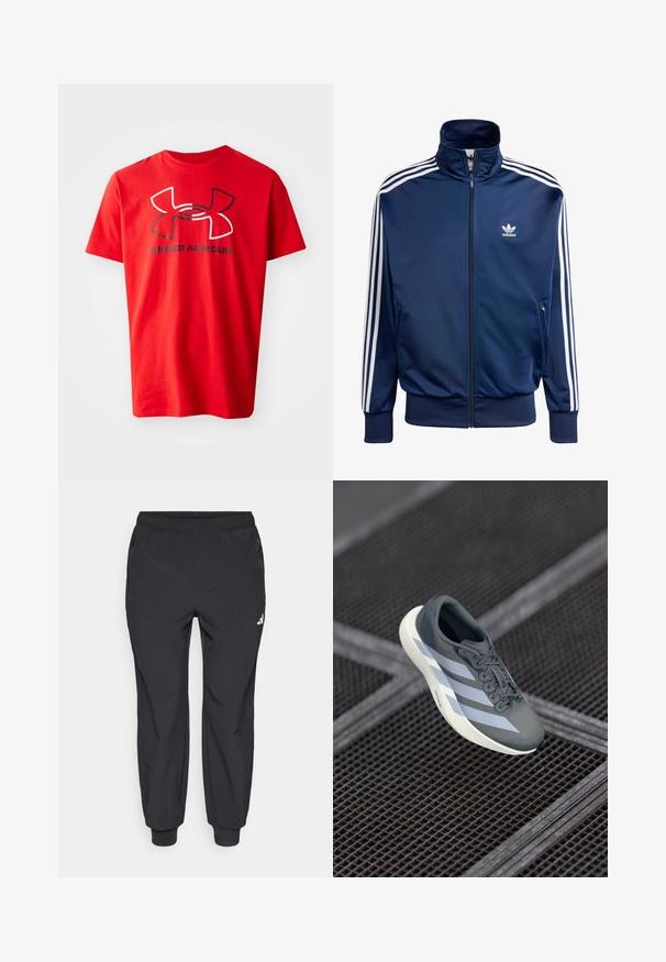 Námornícky modrá adidas športová bunda vyrobená z hladkej látky, s vysokým golierom, celoplošným zipsom a tromi bielymi pruhmi na každom rukáve.; Červené bavlnené tričko s krátkymi rukávmi, na prednej strane s veľkým čiernobielym logom Under Armour. Štandardný dizajn s okrúhlym výstrihom.; Čierne športové nohavice s elastickým pásom, dvoma bočnými vreckami so zipsom, zužujúcimi sa členkami a malým bielym logom na ľavej hornej stehne.; Športová obuv v šedej a bielej farbe, vyrobená z umelých materiálov, s aerodynamickým dizajnom, textúrovaným povrchom a výrazným šnurovacím systémom.