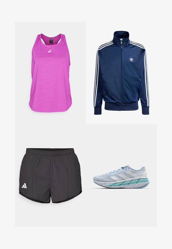 Marineblauwe Adidas trainingsjack van gladde stof, met een hoge kraag, volledige rits en drie witte strepen op elke mouw.; ASICS ROAD TANK - Top - bold magenta; Zwarte sport shorts gemaakt van lichtgewicht stof, met een elastische tailleband en een wit Adidas-logo aan de onderkant aan de linkerkant.; Lichtblauwe sportschoenen met een gestructureerde breitbovenkant, witte accenten en een doorzichtige groene tussenzool. Ronde neus en gevoerde kraag.