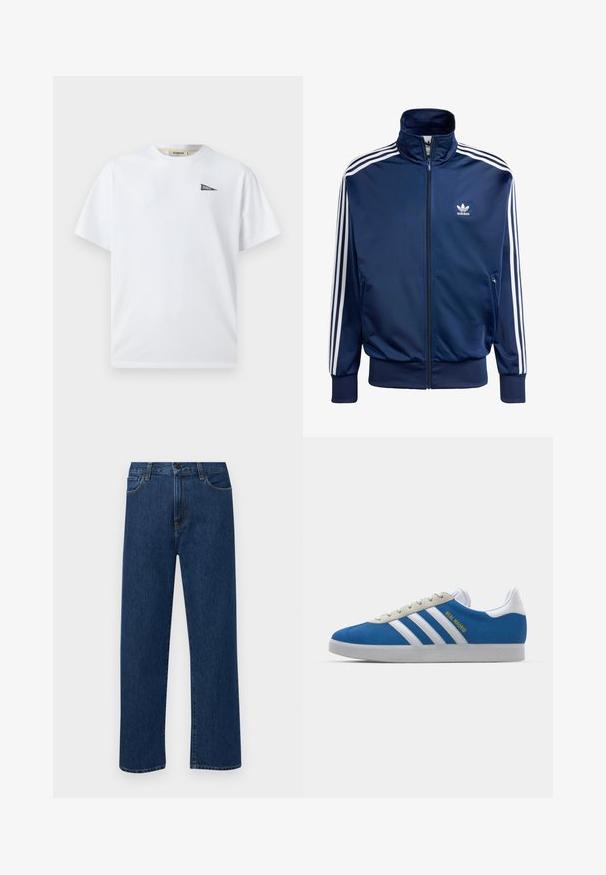 Jūras zila Adidas sporta jaka, kas izgatavota no gludas auduma, ar augstu apkakli, pilnu rāvējslēdzēju un trim baltām svītrām uz katras rokas.; Balts kokvilnas T-krekls ar mazu melnu trīsstūra logotipu kreisajā krūtīs. Īsas piedurknes un apaļa kakla izgriezums, brīvs piegriezums.; Tumši zilas taisnas kājas denim bikses ar priekšējām kabatām un pogu aizdari, izvietotas uz vienkārša baltā fona.; adidas Originals ADIDAS GAZELLE SHOES - Futbola apavi iekštelpām - real madrid/bluebird/footwear white/crew yellow