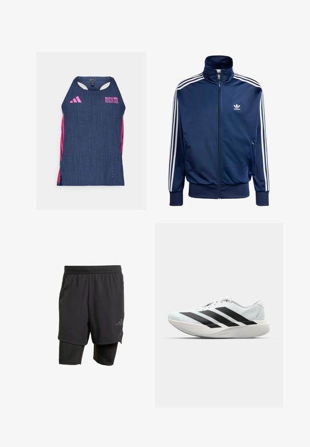 Veste de survêtement Adidas bleu marine en tissu lisse, avec un col haut, une fermeture éclair intégrale et trois bandes blanches sur chaque manche.; adidas Performance BER25 SINGLET - Débardeur - collegiate navy; Shorts de sport noirs avec une couche intérieure intégrée, fabriqués en tissu respirant. Présentent un logo discret et une texture structurée. Ceinture ajustable.; Baskets de course légères en bleu pâle avec des rayures noires. Elles présentent un dessus lisse, un embout rond et une semelle intermédiaire blanche épaisse étiquetée "LIGHTSTRIKE PRO".